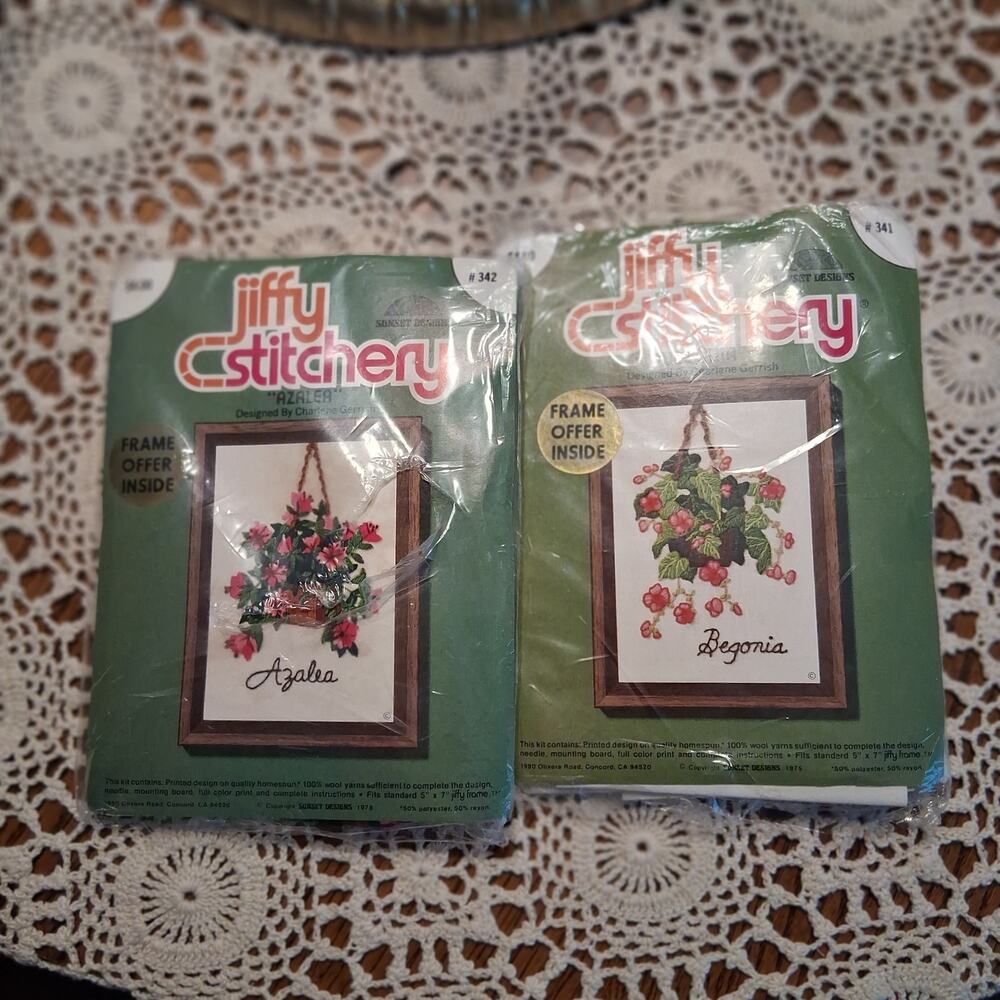 Sunset Designs Jiffy Stitchery new open 2 crewel kits vintage  begonia azalea